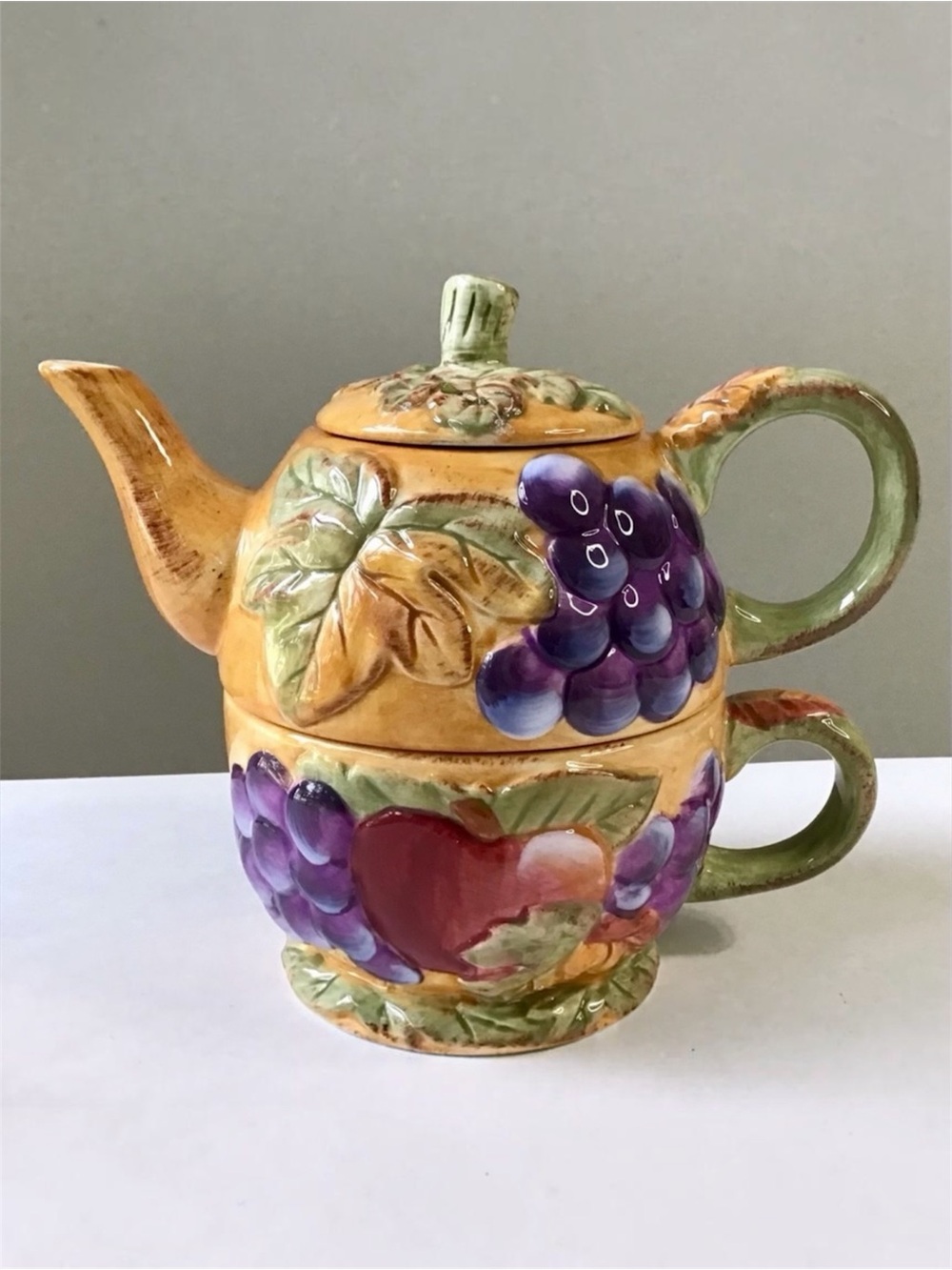 Vintage Gibson Tea For One Stacked Teapot & Cup Set Harvest Pantry Fruit Leaves